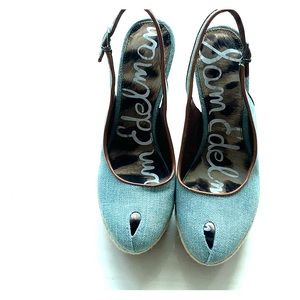 Blue jean peep-toe pumps platform heels
